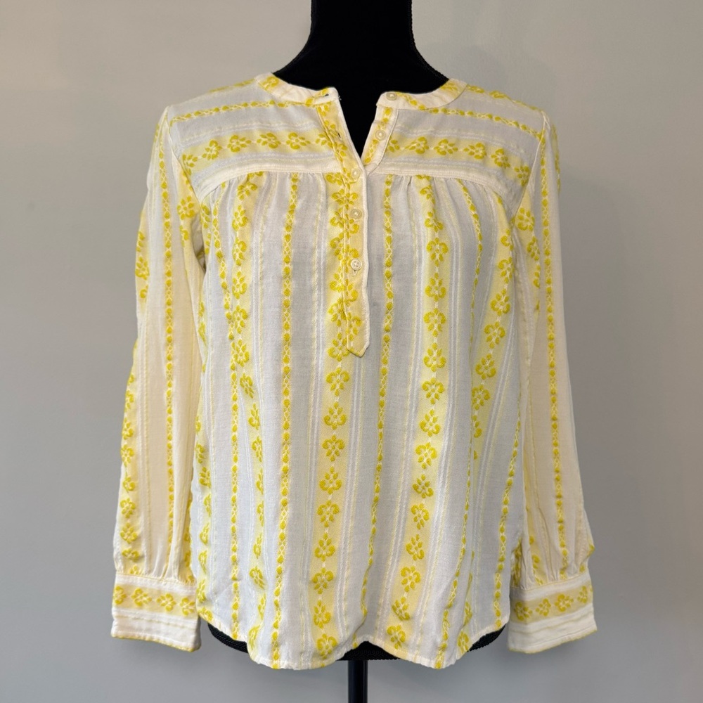 Loft Blouse Women’s Small White & Yellow Stripe Pattern Long Sleeve Henley Shirt
